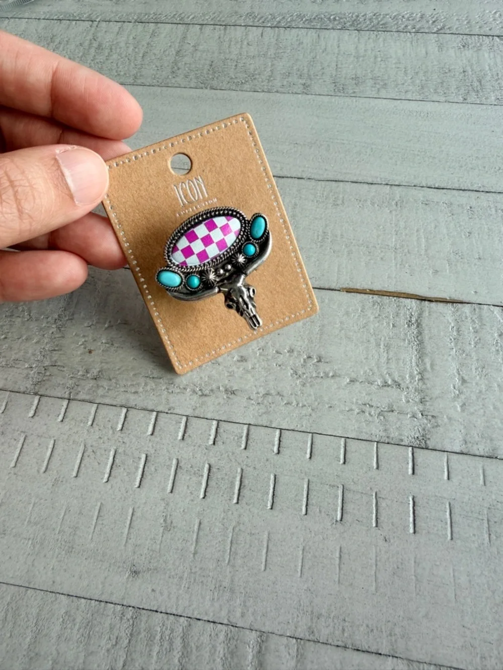 Western Fashion Turquoise Accent Checkerboard Statement Ring - Pink & Turquoise